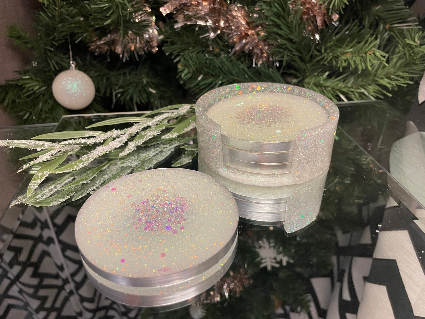 Set of 4 round coasters - Glittering snow